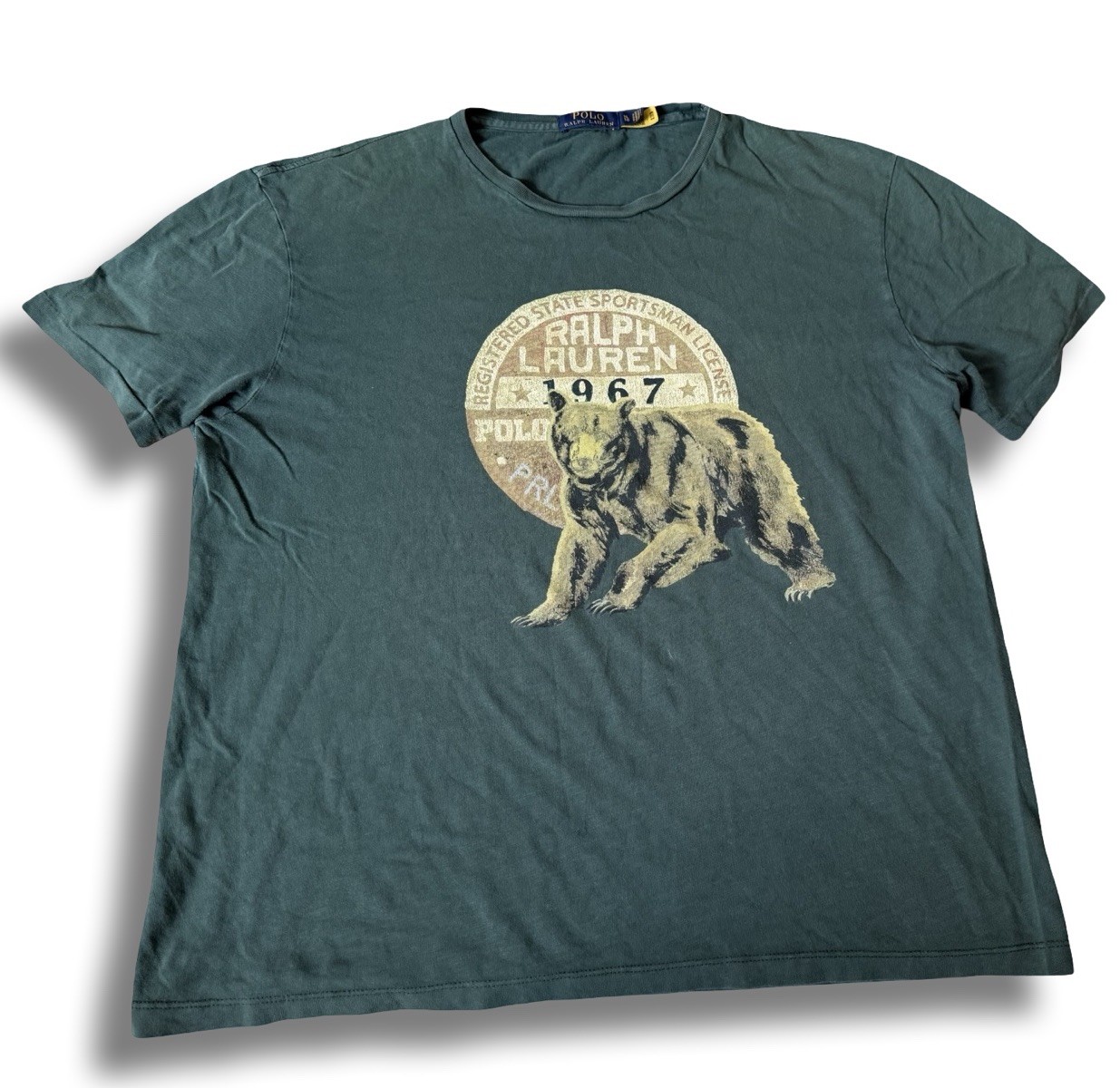 POLO RALPH LAUREN Mens XL Green Sportsman License Grizzly Bear Logo T-Shirt