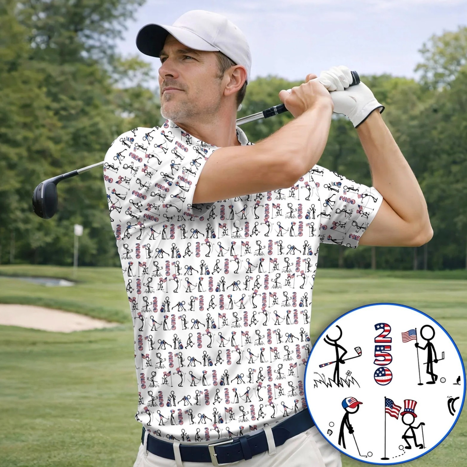 USA 250 Casual Patriotic Golf Shirt, 4th of July Stick Figure Golf Polo (S-5XL)