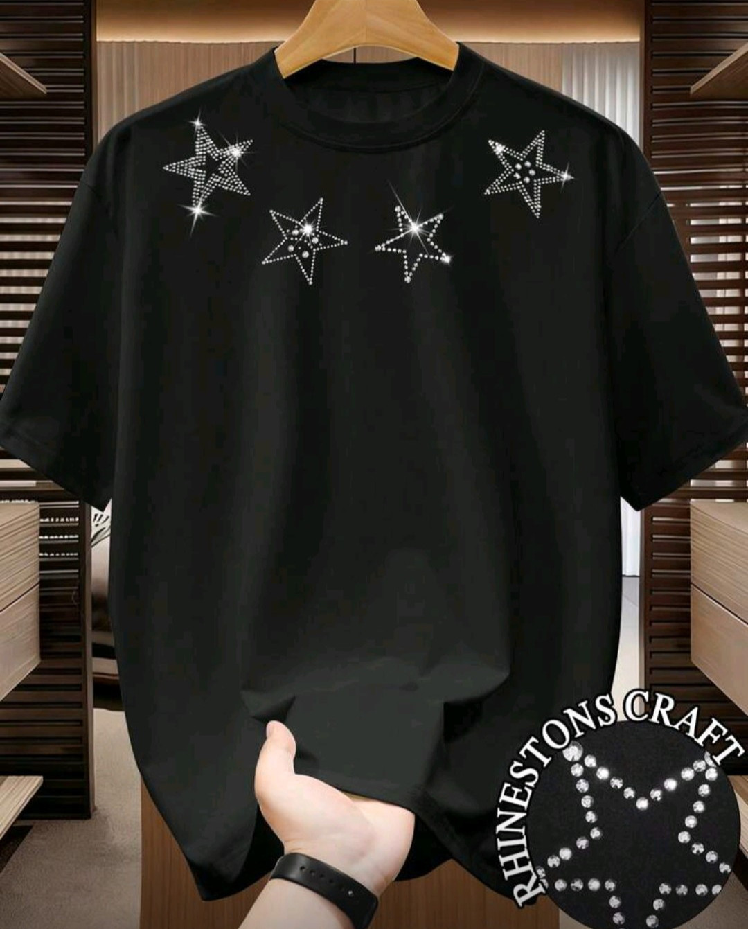 New Men Luxury Diamond Stars Rhinestones Fashion Black T-Shirt High Quality