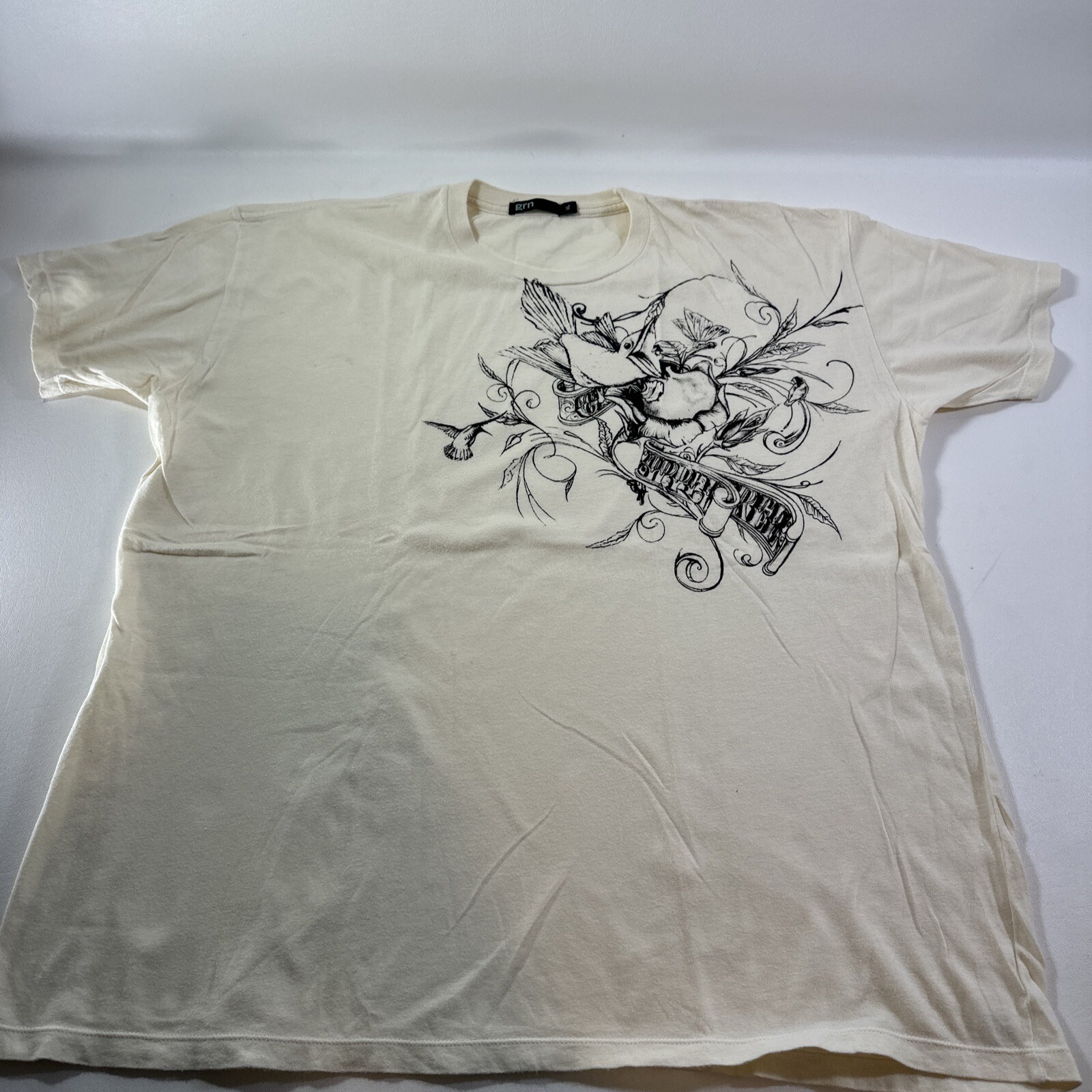GRN Green Apple Designer Cream T Shirt Mens Sz XL Hummingbird Flowers Banner