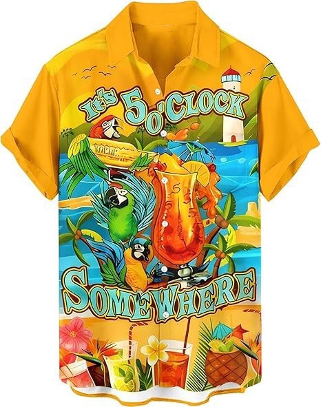 Its 5 Oclock Somewhere Hawaiian Shirt Men Funny Parrot Cocktail Yellow Button Up
