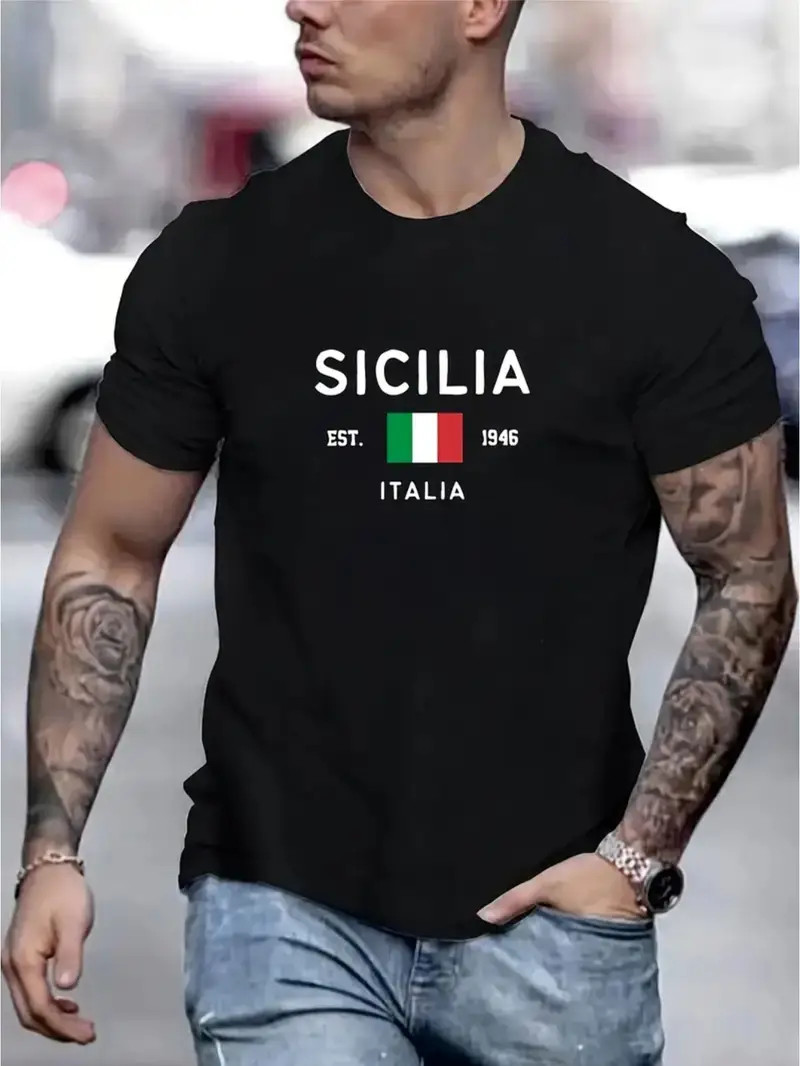 “SICILIA Italian Style Short-sleeved T-shirt” : White Characters on Black Backgr