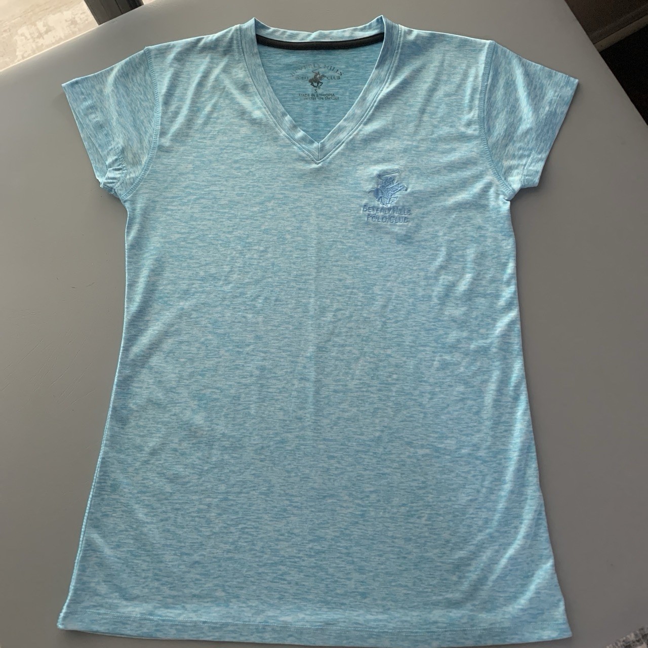 Beverly Hills Polo Club Men’s Blue Heather V-Neck Tee Logo S Polyester/Spandex