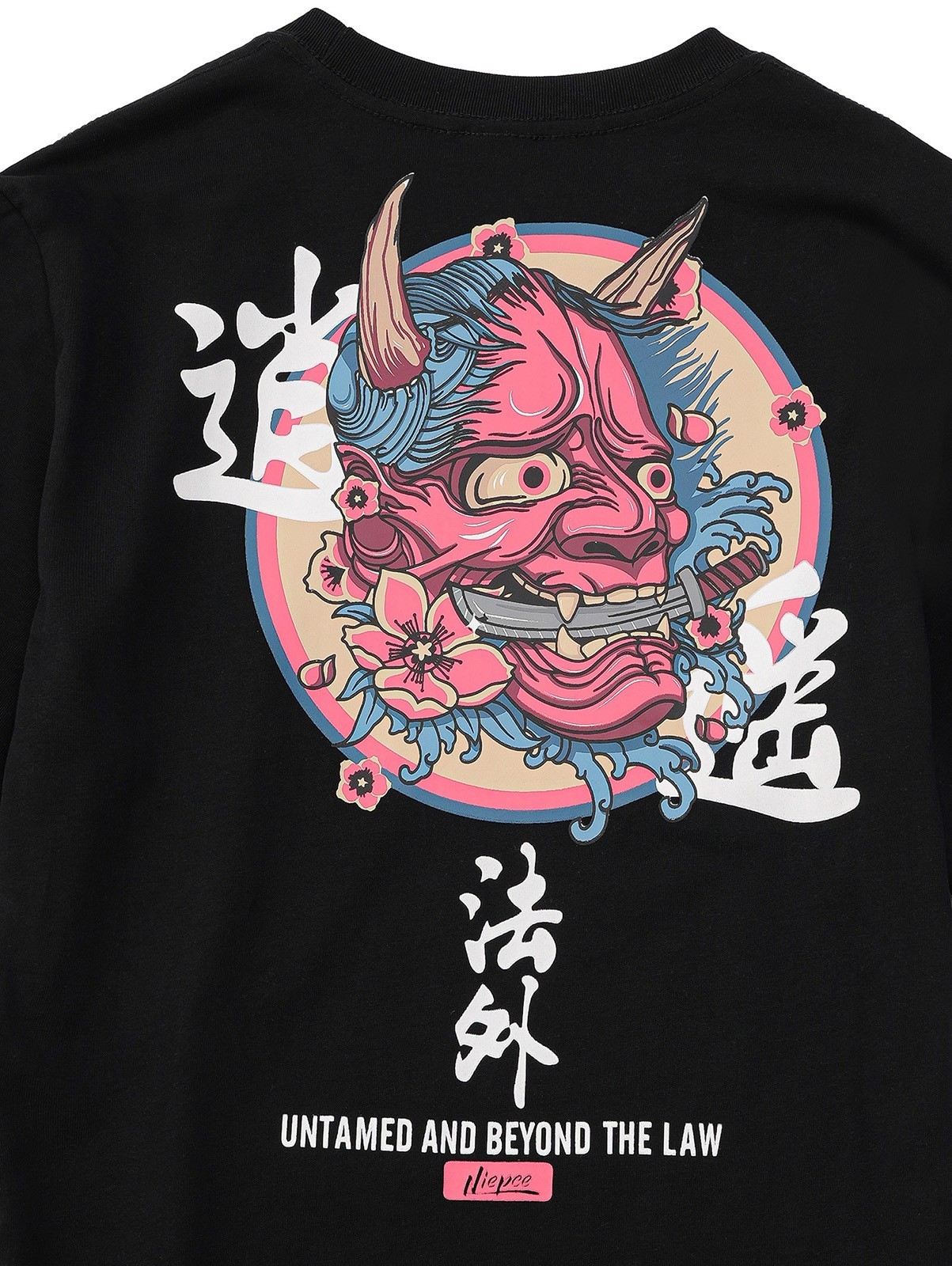 Niepce Streetwear Oni Mask Graphic Tee Japanese Kanji Printed T-shirt for Men