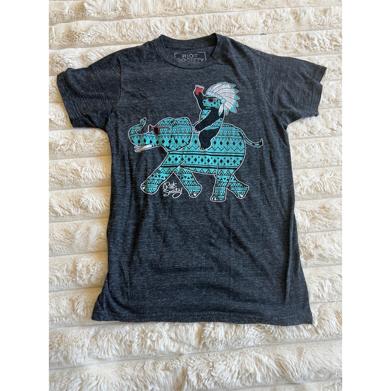 Riot Society Mens Panda Riding Elephant Graphic T-Shirt Charcoal Heather Grey S
