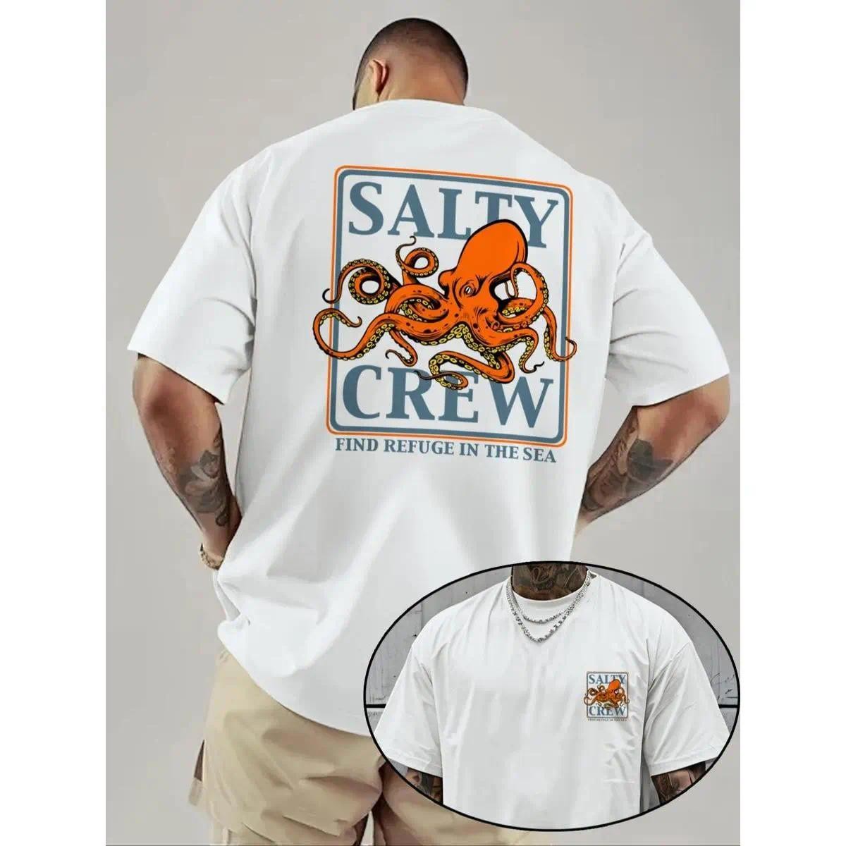 Men’s Octopus Print Round Neck Tee, Fashion Casual Short Sleeve T-shirt