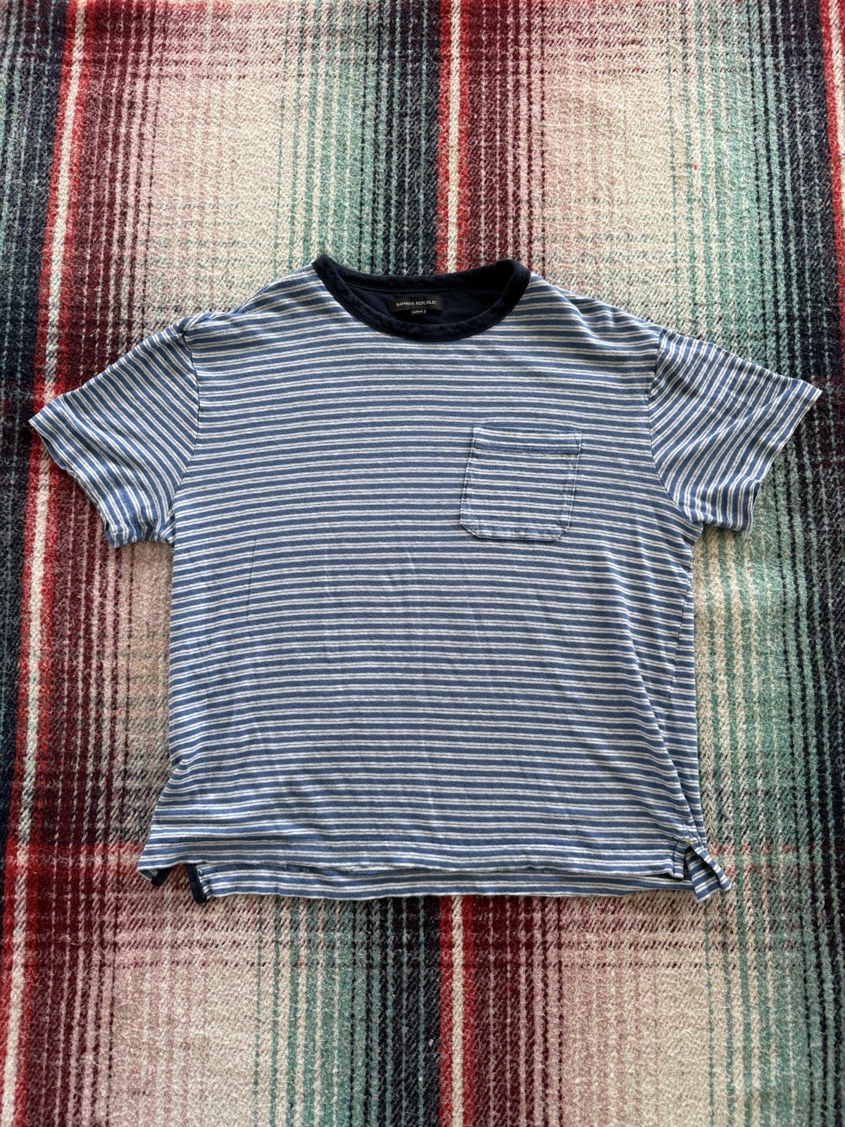 Banana Republic Blue White Striped Cotton Pocket Crew Neck T-Shirt Men’s L