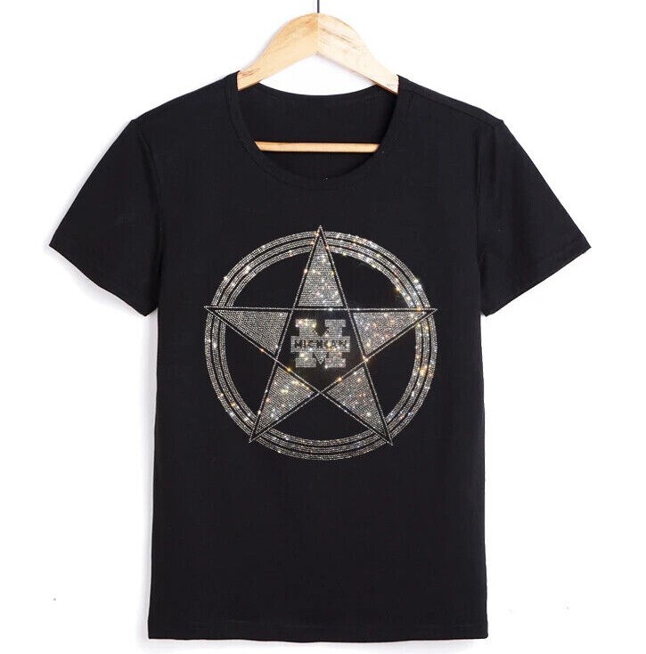 New Men Luxury Diamond Star Rhinestones Fashion Black T-Shirt High Quality