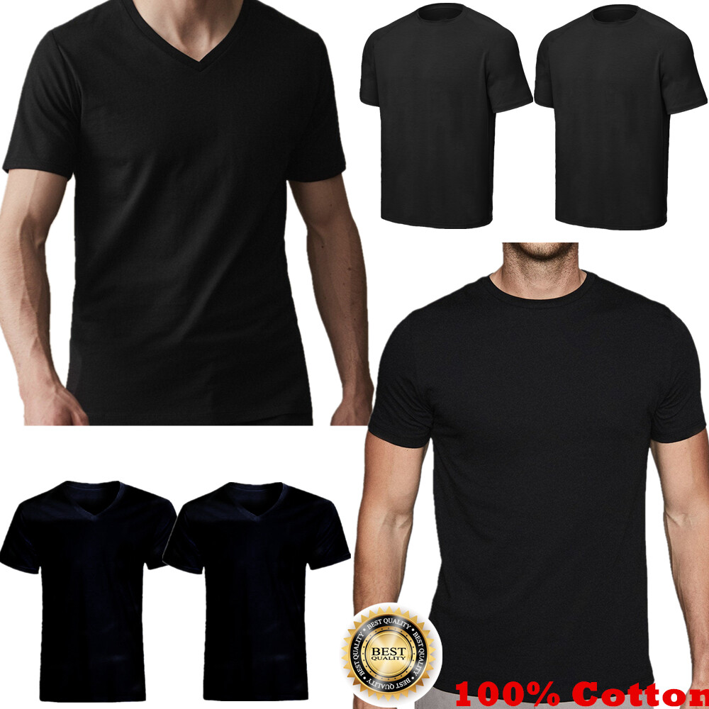 For Mens 100% Cotton Thick Basic Tee Casual T-Shirt Crew Neck V-Neck Black S-4XL