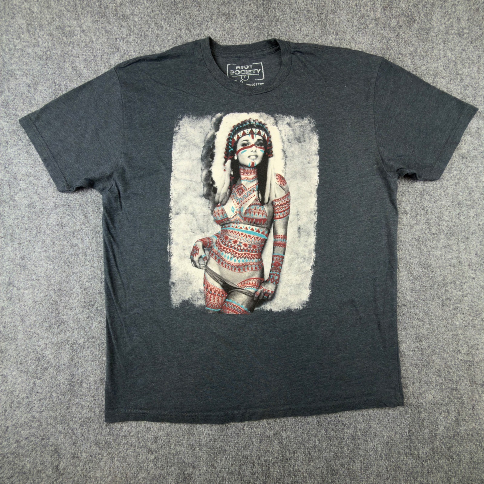 Riot Society Mens XL Graphic T-Shirt Charcoal Gray Headdress Woman Print Tee