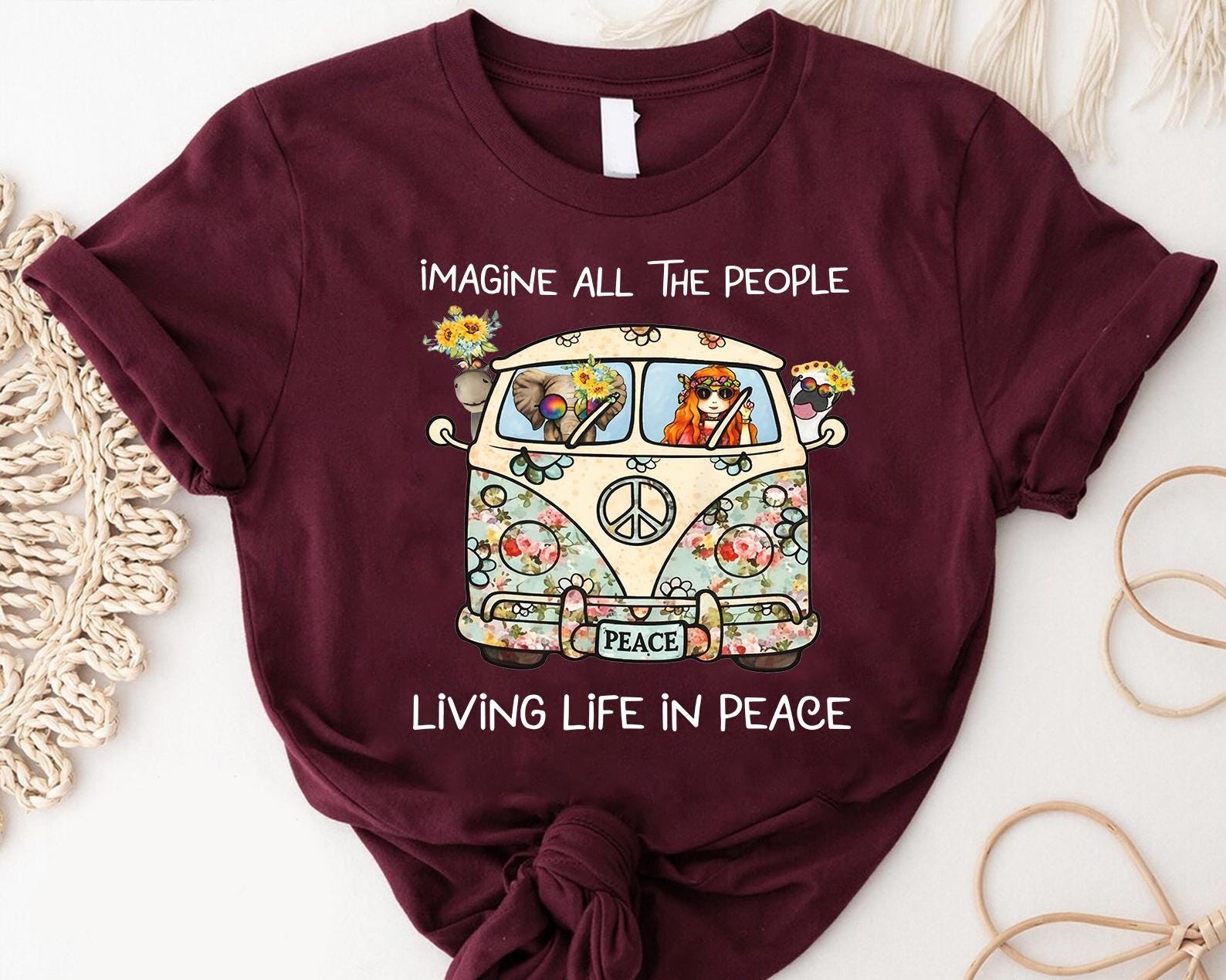 Imagine All The People Living Life In Peace Shirt Retro Hippie Flower Power