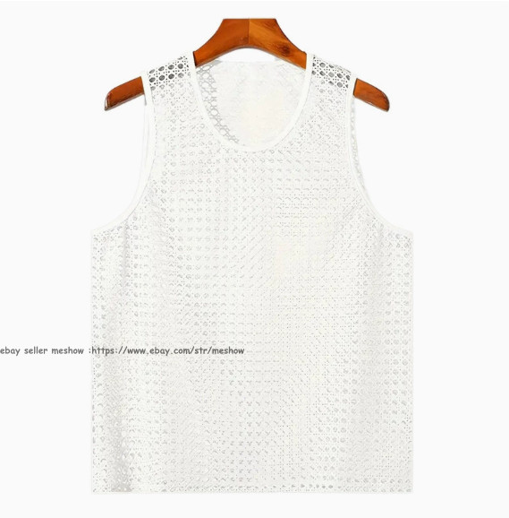 Mens Knitted Crochet Tank Tops Summer Hollow Sleeveless T-shirt Scoop Neck Shirt