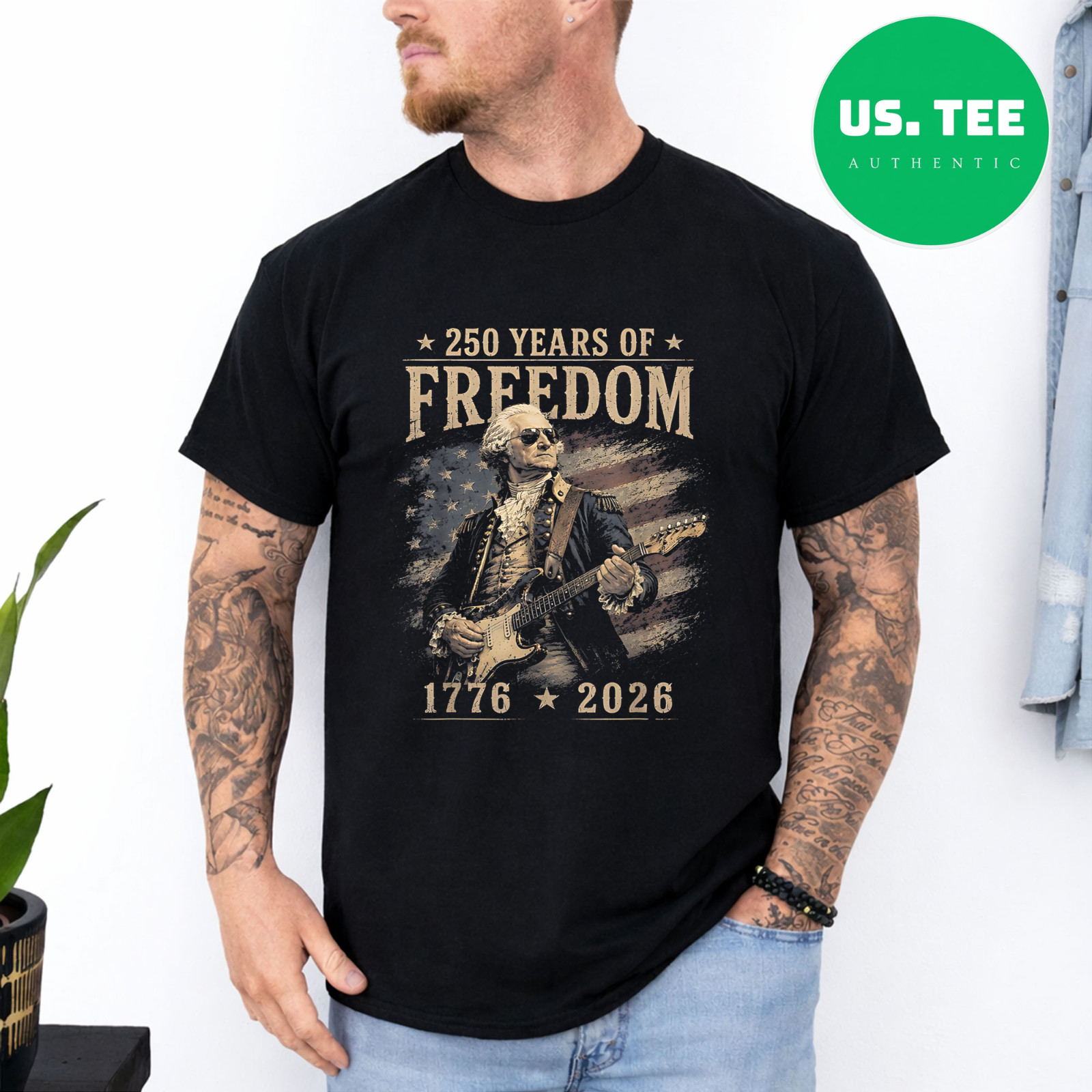 250th Anniversary George Washington Playing Guitar 4th July T-Shirt