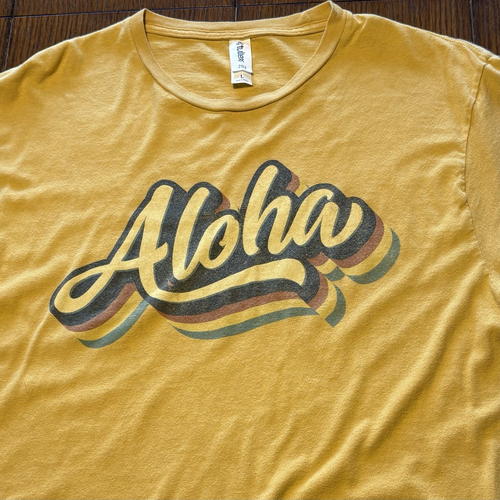 Hawaii Aloha T-Shirt Men’s L Yellow Retro 70s Graphic Tourist Souvenir Summer