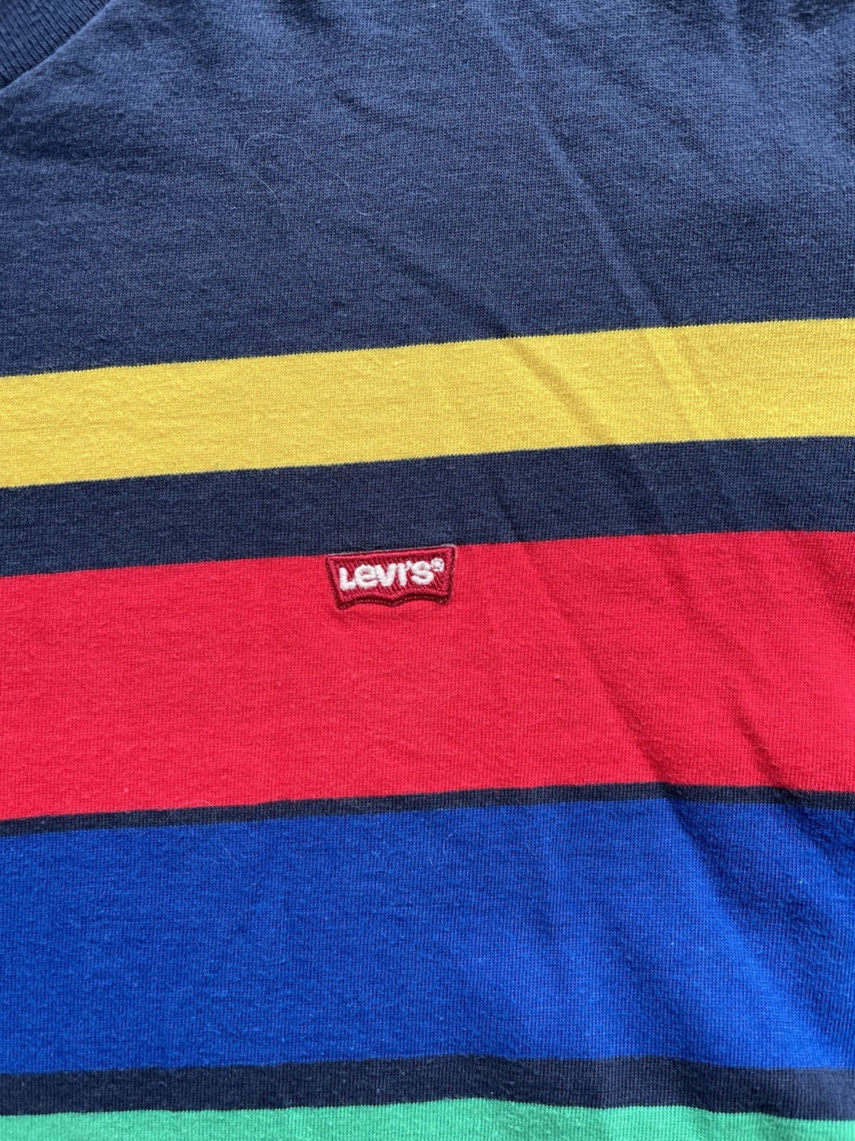 Levis Striped T Shirt Mens Large L Navy Blue Red Yellow Green Retro Graphic Tee