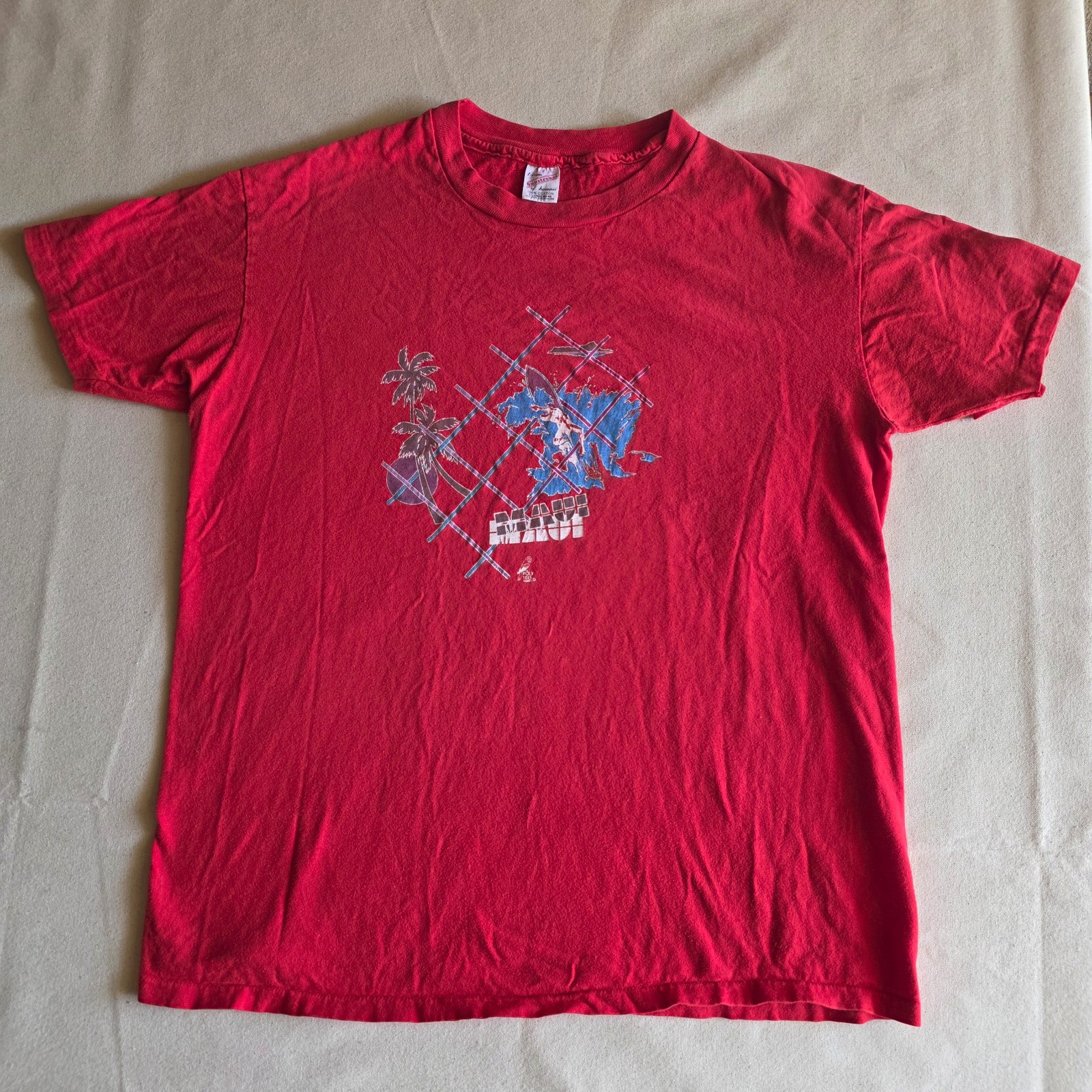Vintage 70s Sunstrokes of Hawaii Maui Surfer Palms T-Shirt Poly Tees Size XL Red