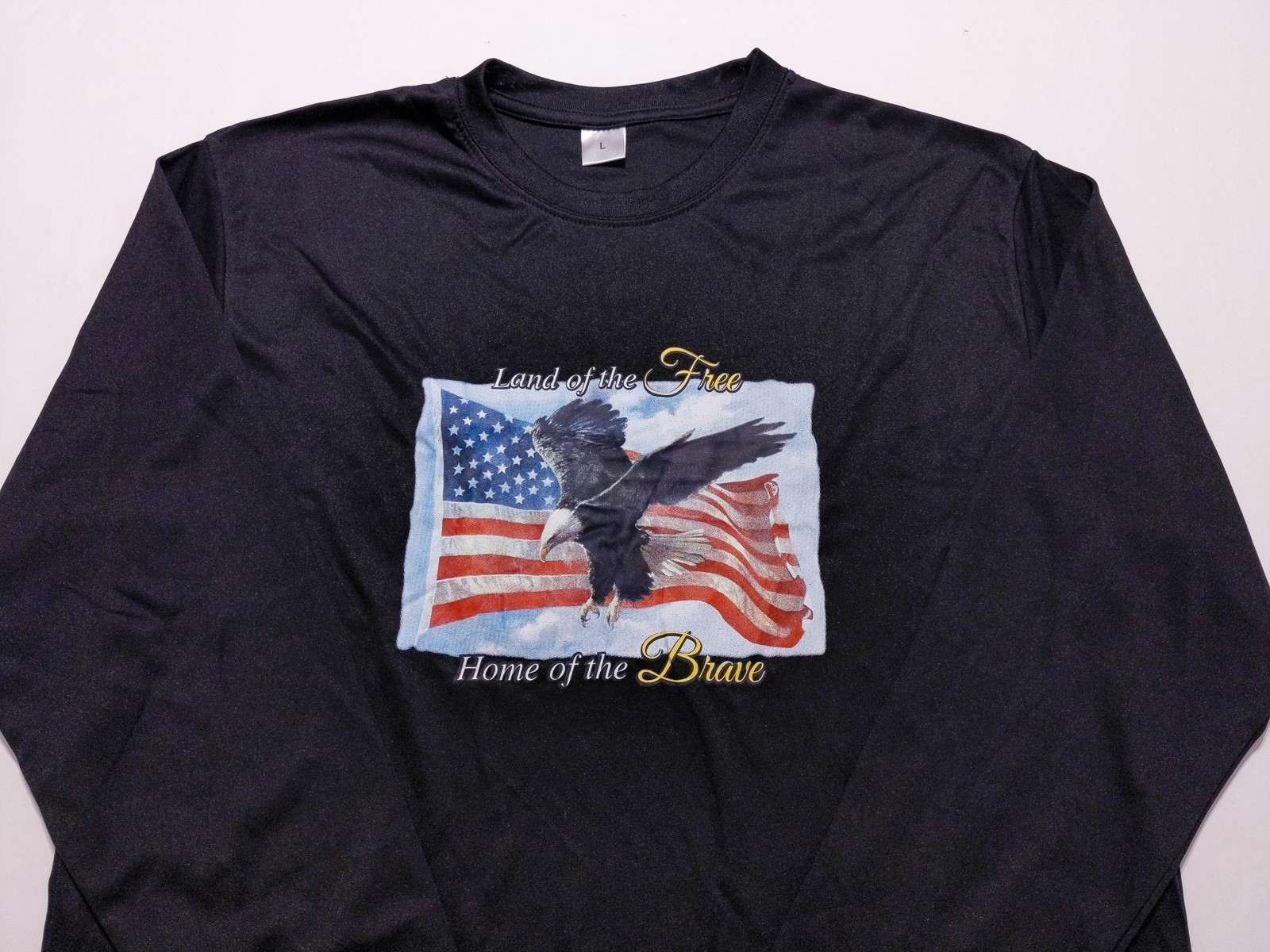 Land of the Free Home Brave Long Sleeve Performance Shirt USA Flag Black Large L