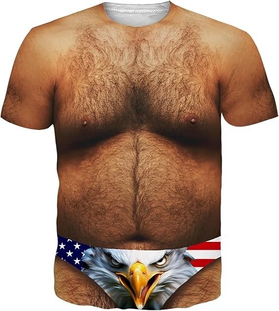 Funny Patriotic T Shirt Men 3D Hairy Chest Eagle Flag Gag Gift Party AOP Tee