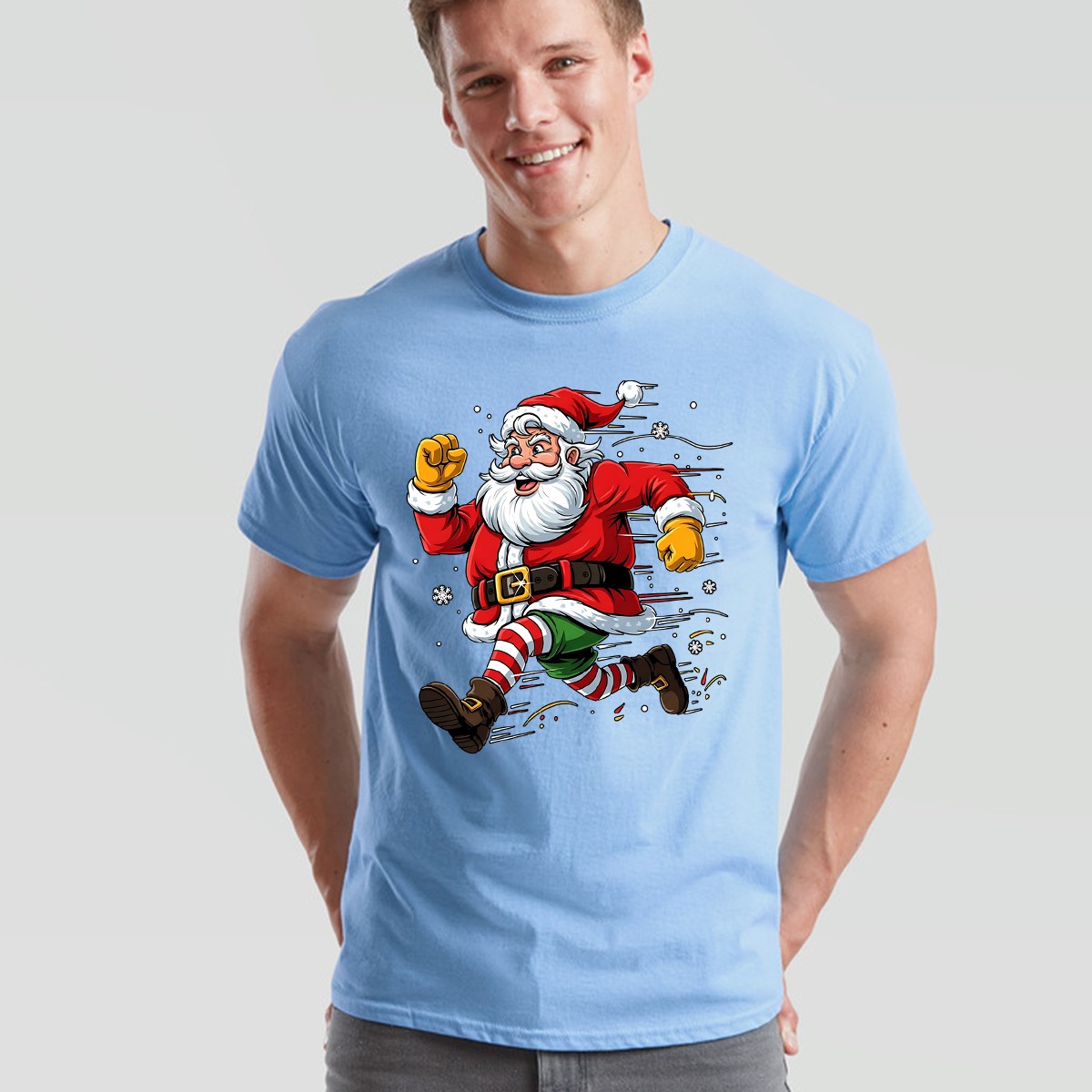 Running Santa Christmas Holiday Mens T-Shirt Womens Graphic Tee Festive Apparel