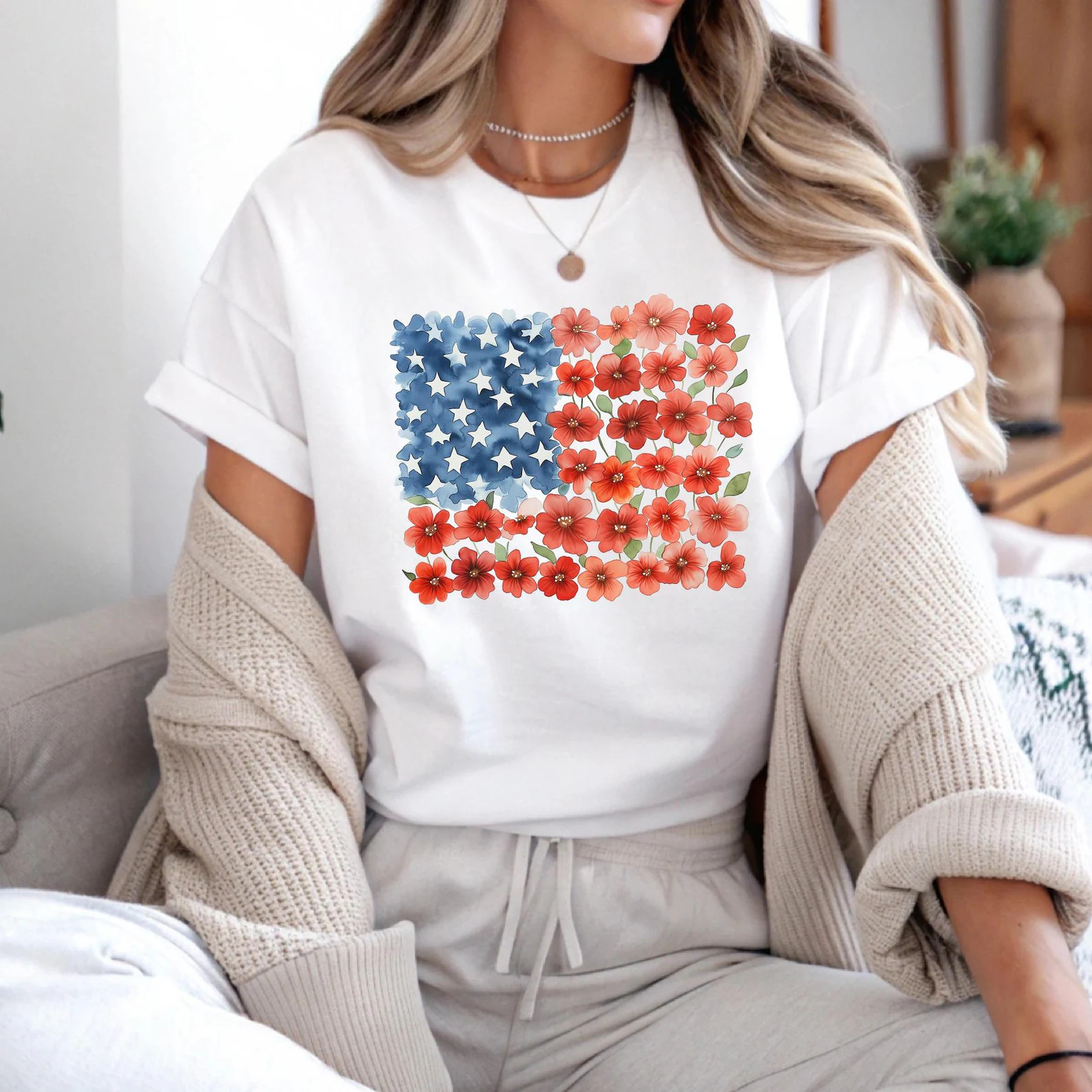 Floral American Flag Shirt, Patriotic Flower T-Shirt