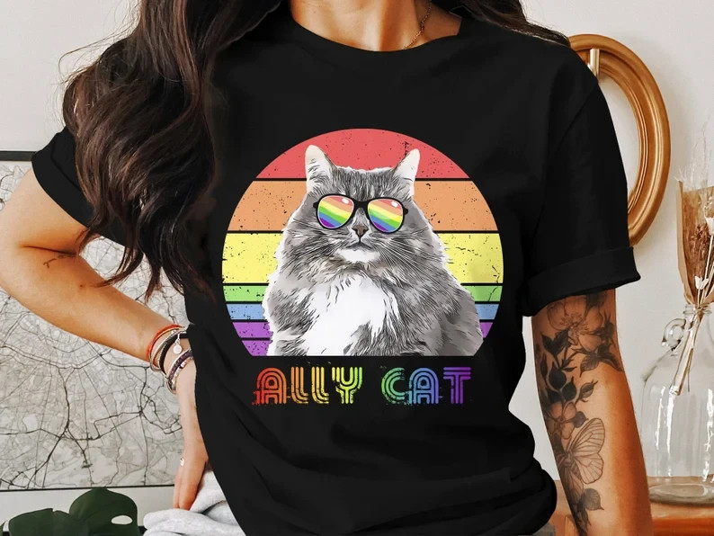 Rainbow Cat T-Shirt, Ally Cat with Sunglasses, Unisex Pride Fashion Tee