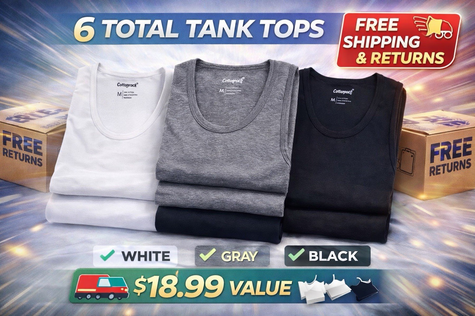 Men 100% Cotton Tank Tops Value 6-Pack Breathable Undershirts Gym Everyday Wear!