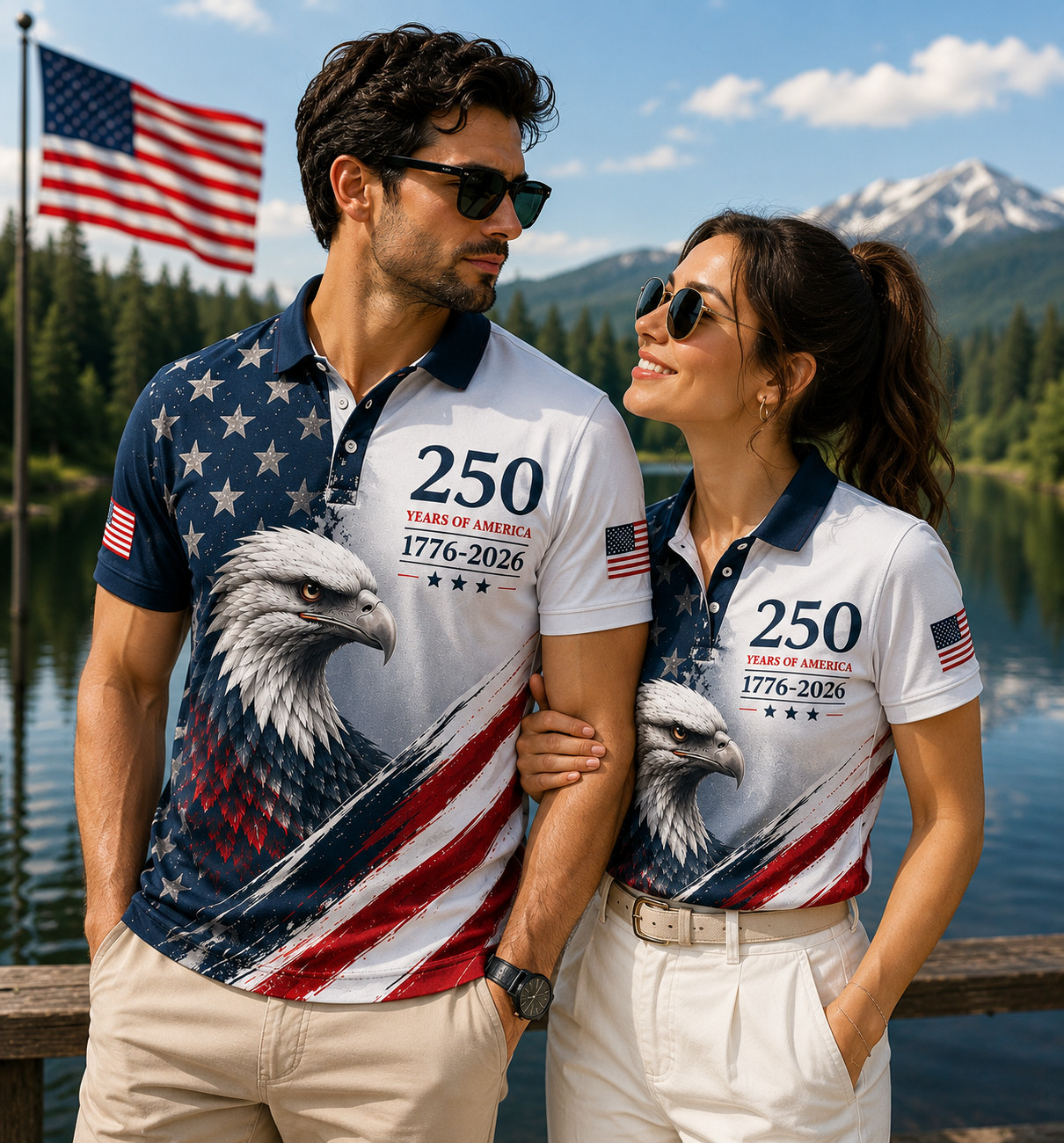 USA 250 Years of America Golf Polo Men Eagle 1776-2026 American Flag S-5XL