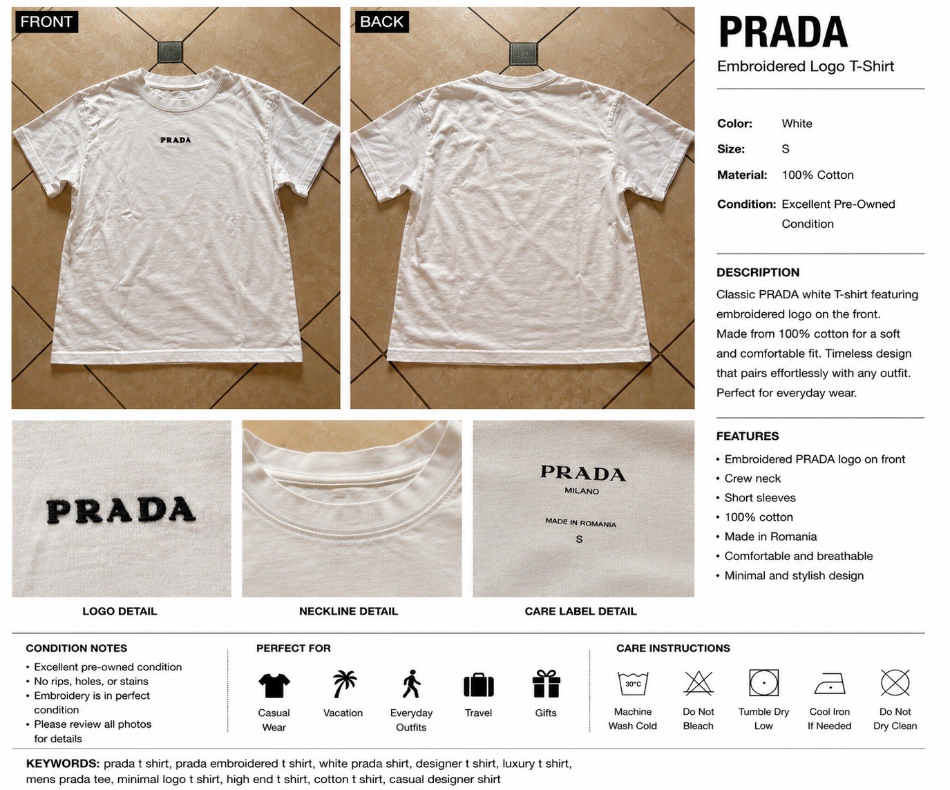 PRADA White Embroidered Logo T-Shirt S Cotton Jersey Crew Neck Short Sleeve