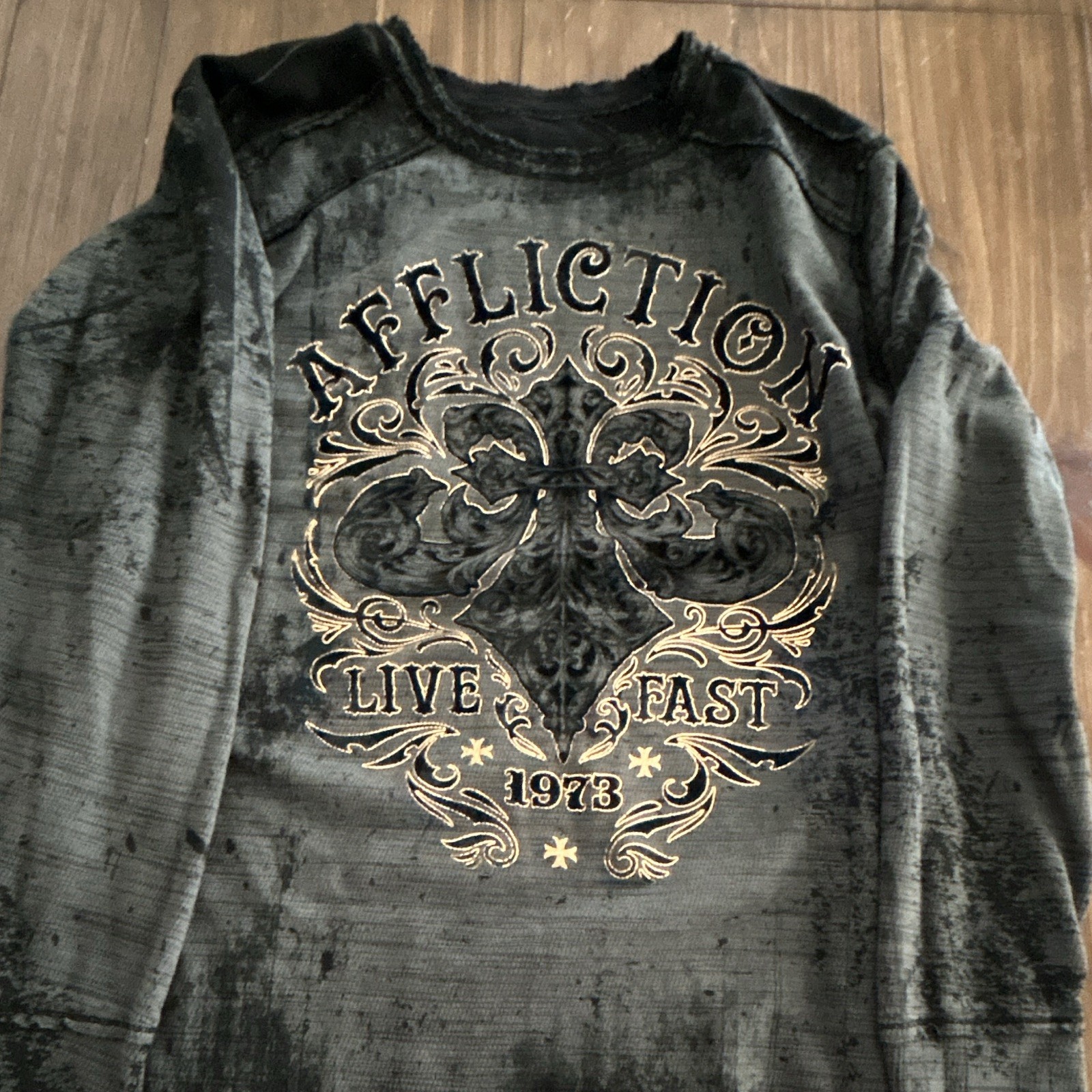 Affliction Men’s XL Live Fast Double-Sided Graphic Logo LS Crew Tee Black