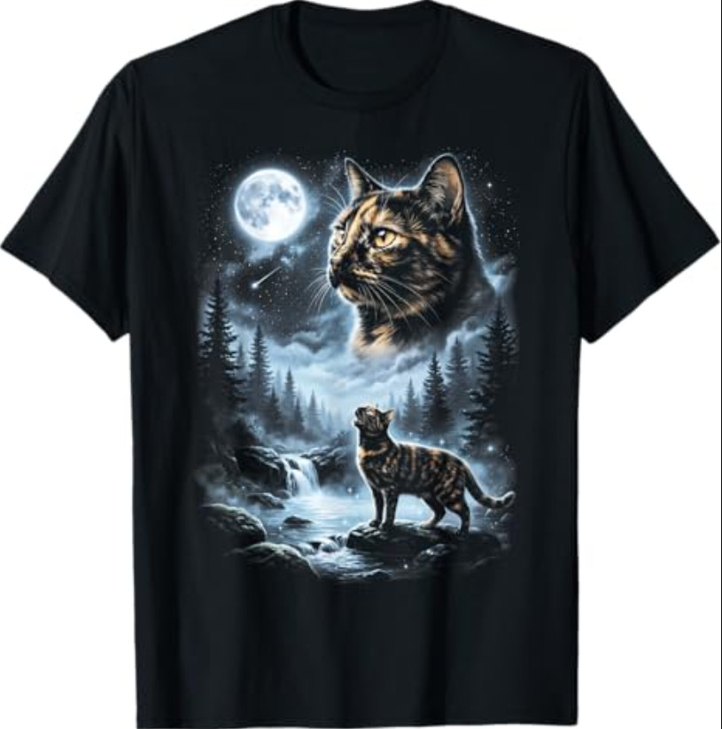 Tortoiseshell Cat Howling at Moon 90’s Retro T-Shirt