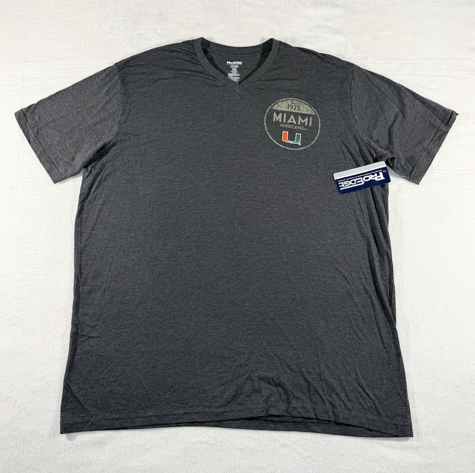 Pro Edge Men’s Heather Gray V Neck Tri-Blend Miami Hurricanes Logo T Shirt, 2XL