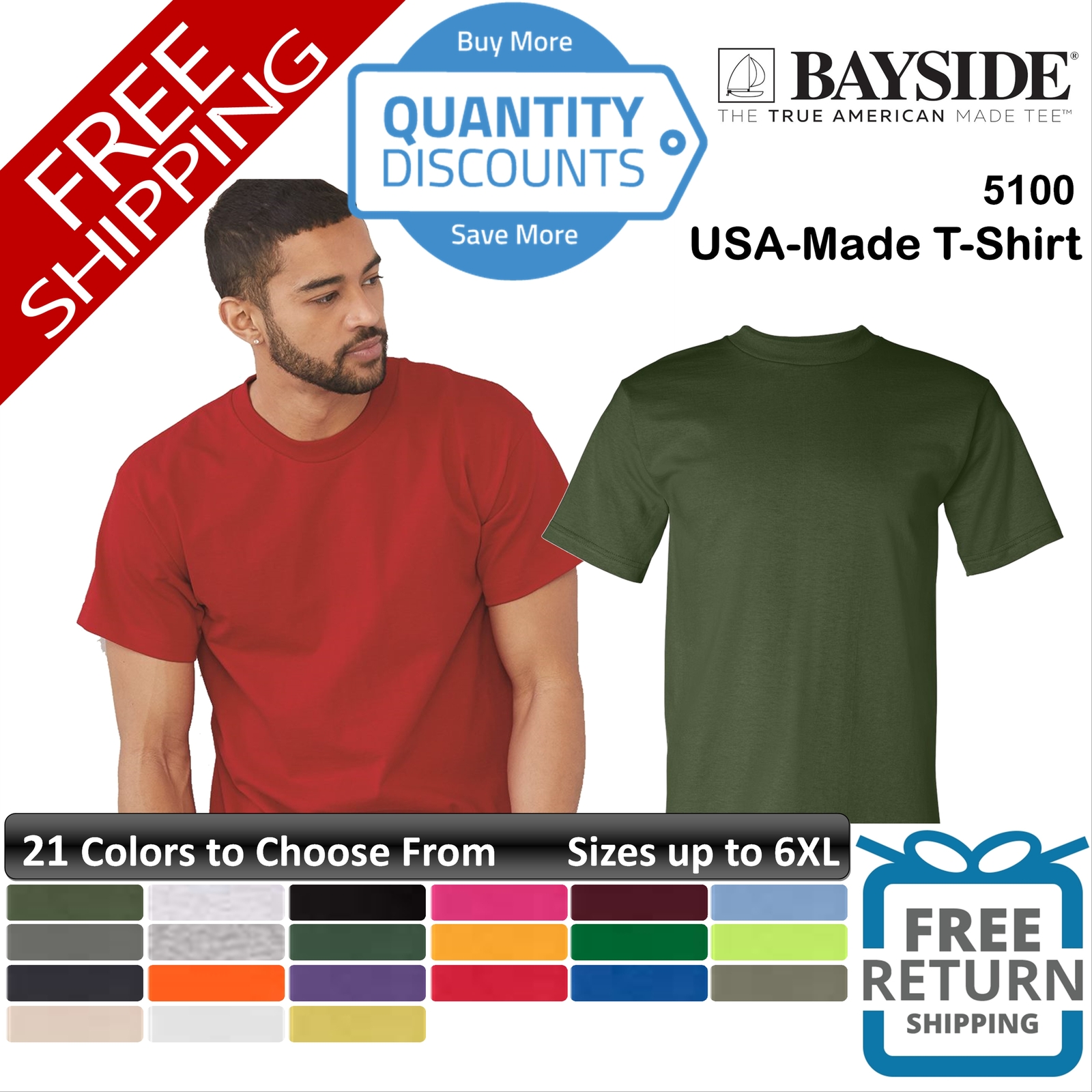 🔥 Bayside Men Usa-made Short Sleeve Pre-shrunk Cotton T-shirt Up To 6XL 5100
