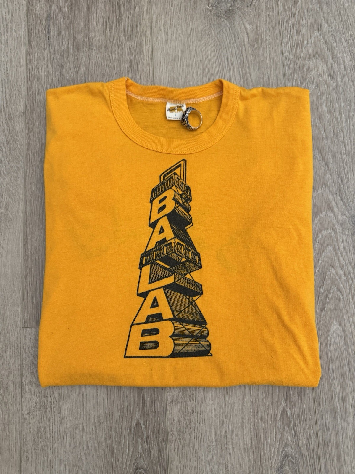 vintage 70s BALAB Russell Athletic Tee L USA Single Stitch Text Tower Shirt True