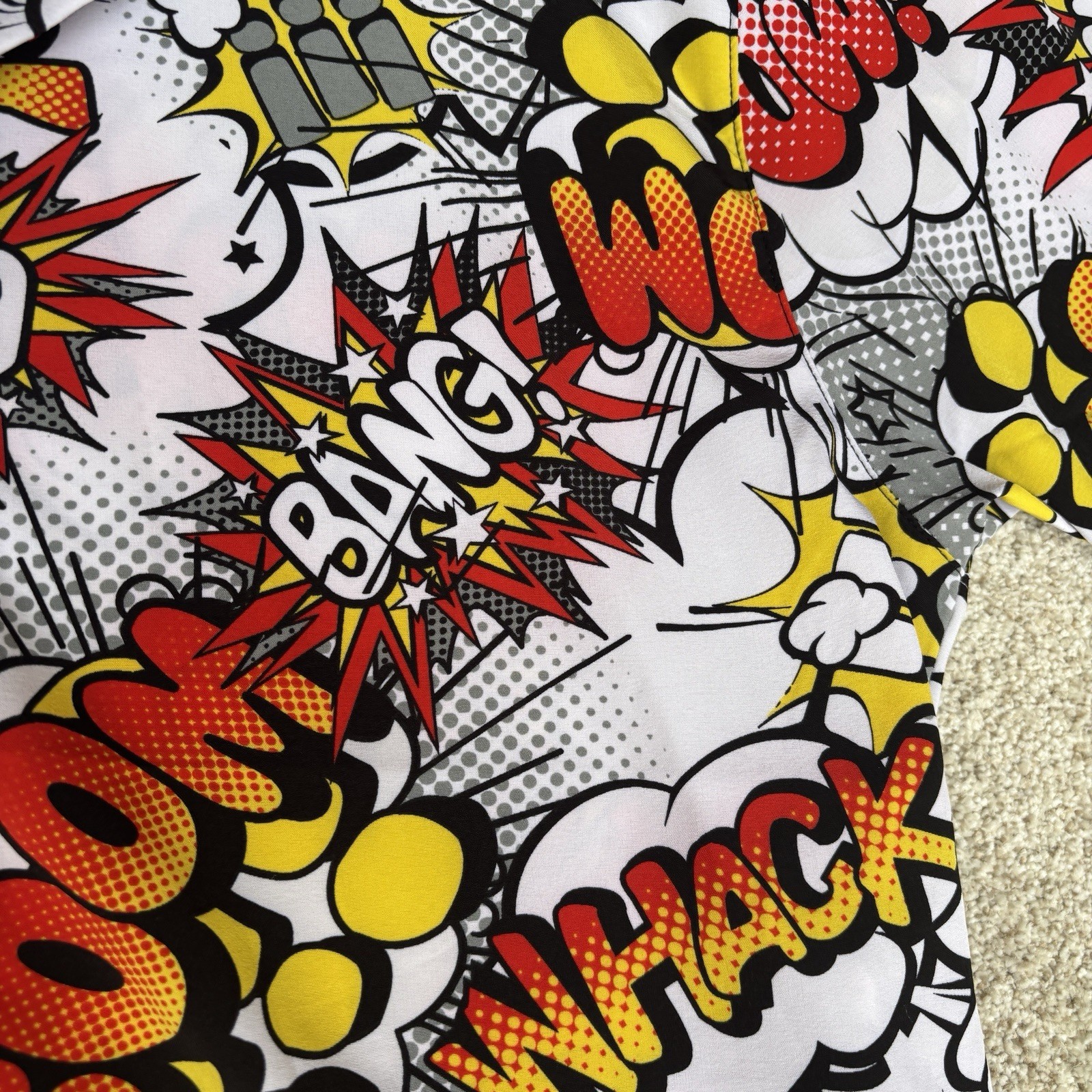 Comics Button Up Stretch Shirt Men’s Large “Colorful Bang Whack Boom Wow Pow”