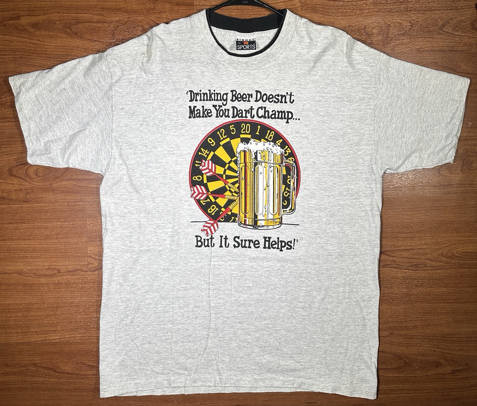 Vintage 90s Signal Sports Beer Dart Champ Graphic T-Shirt USA XL Gray 14