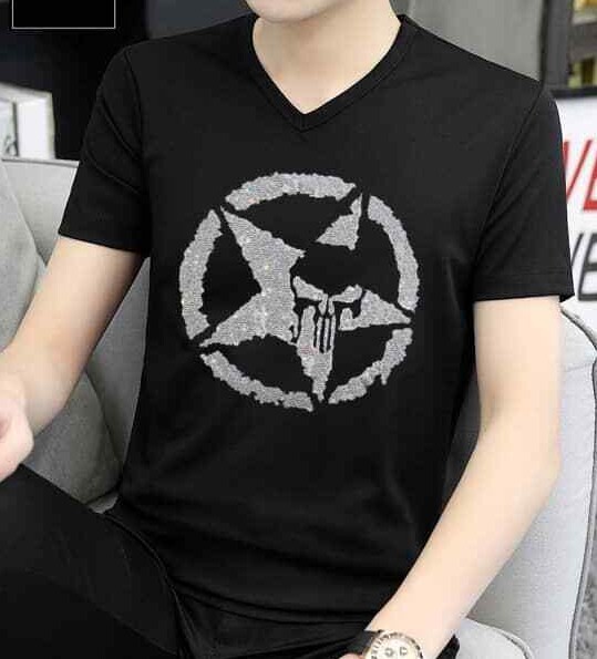 New Men Luxury V-Neck Diamond Star Rhinestones Skull Black T-Shirt High Quality