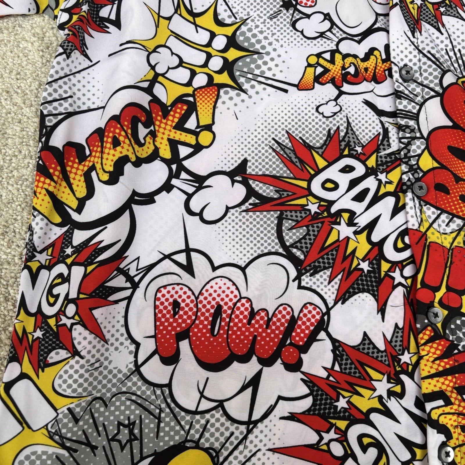 Comics Button Up Stretch Shirt Men’s Large “Colorful Bang Whack Boom Wow Pow”