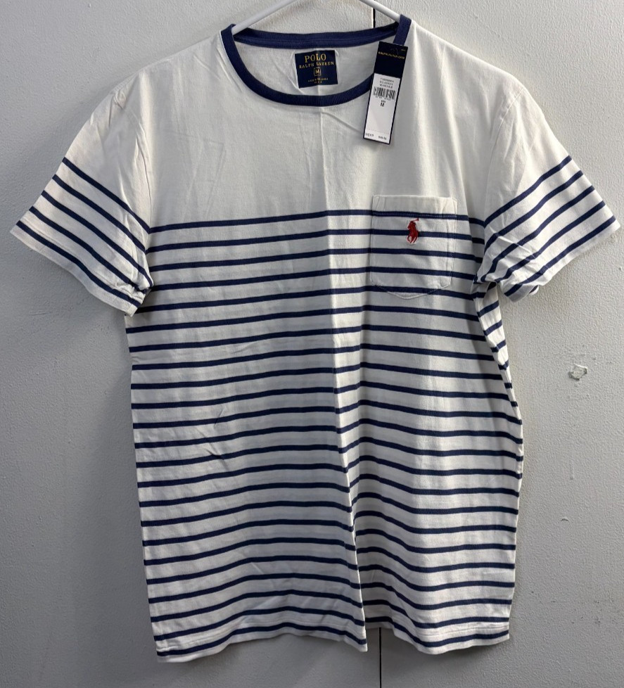 Mens Polo Ralph Lauren Striped Classic Fit Pocket T-Shirt Size Medium White Yale