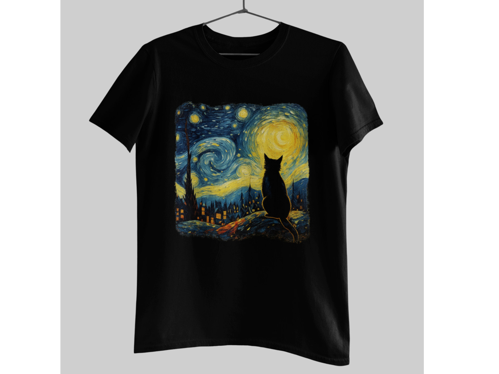 Starry Night Cat T-Shirt Van Gogh Style Night Sky Cat Silhouette Tee 100% Cotton