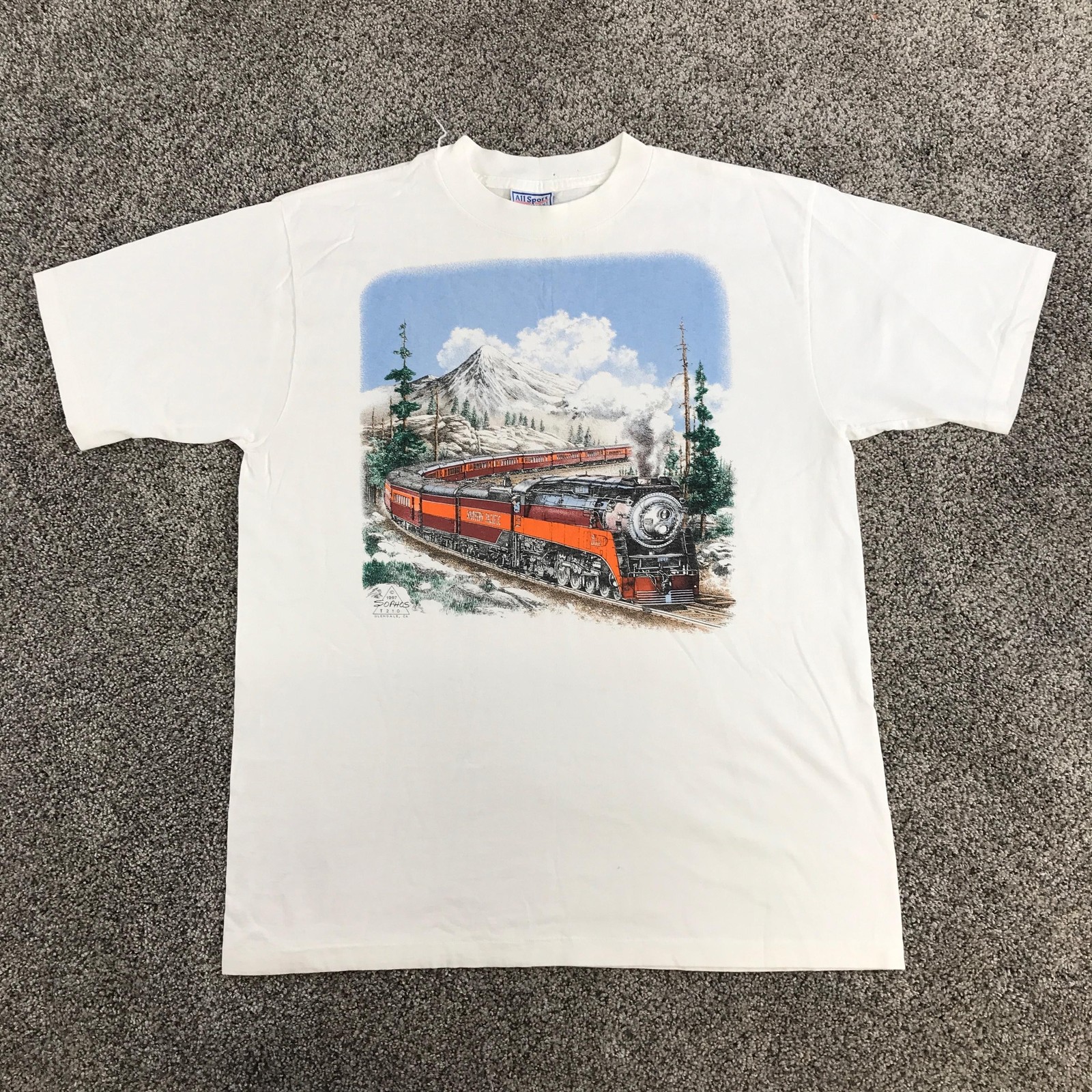 Vintage Train Steam Locomotive T Shirt Mens Large White Graphic All Sport