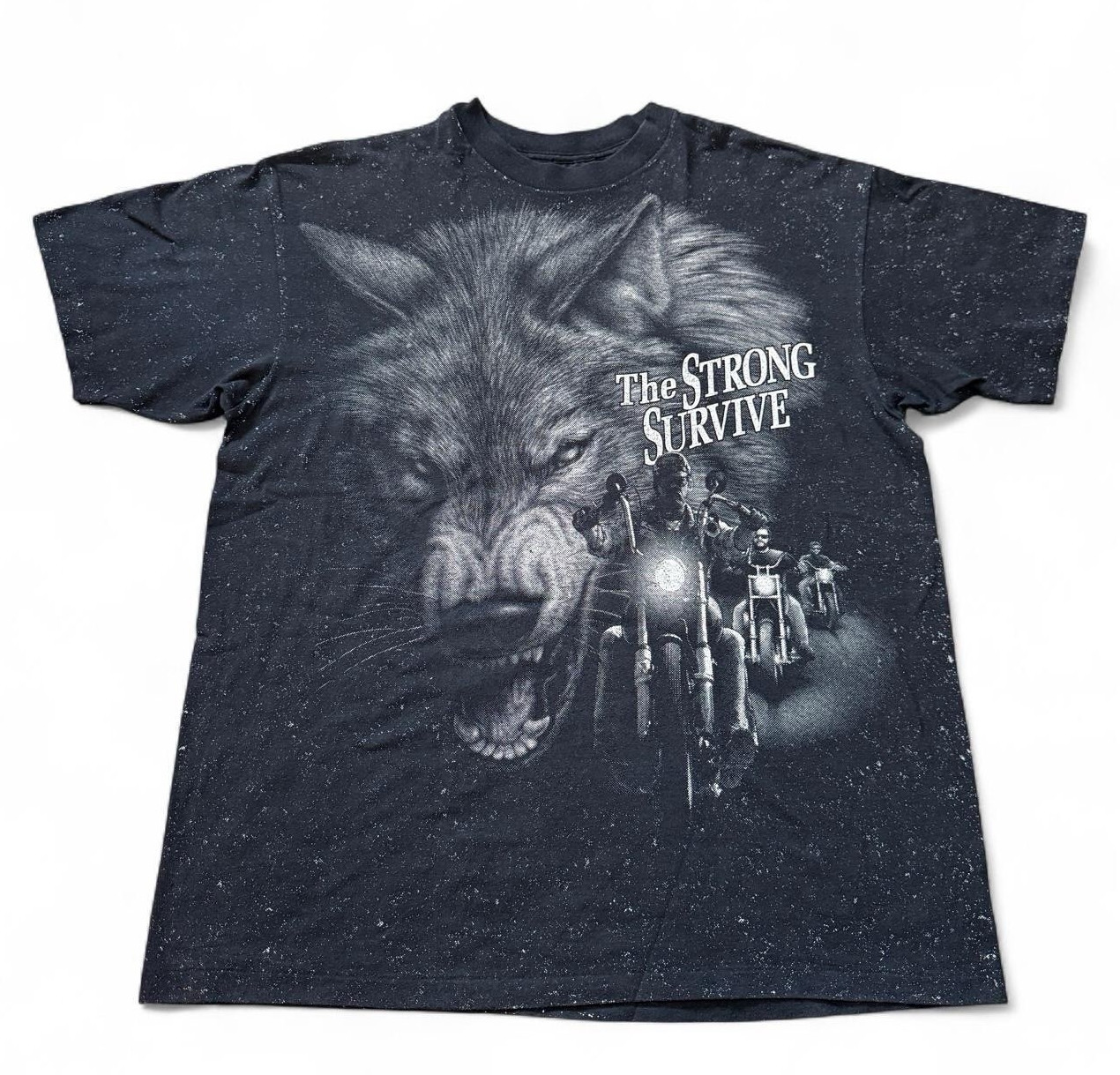 Vintage 90s 3D Emblem The Strong Survive Wolf Biker T Shirt Single Stitch