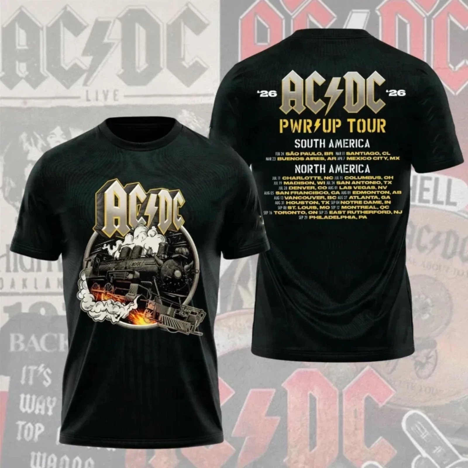 ACDC PWR UP Tour 2026 Shirt Rock Train Graphic Concert Tee Front Back
