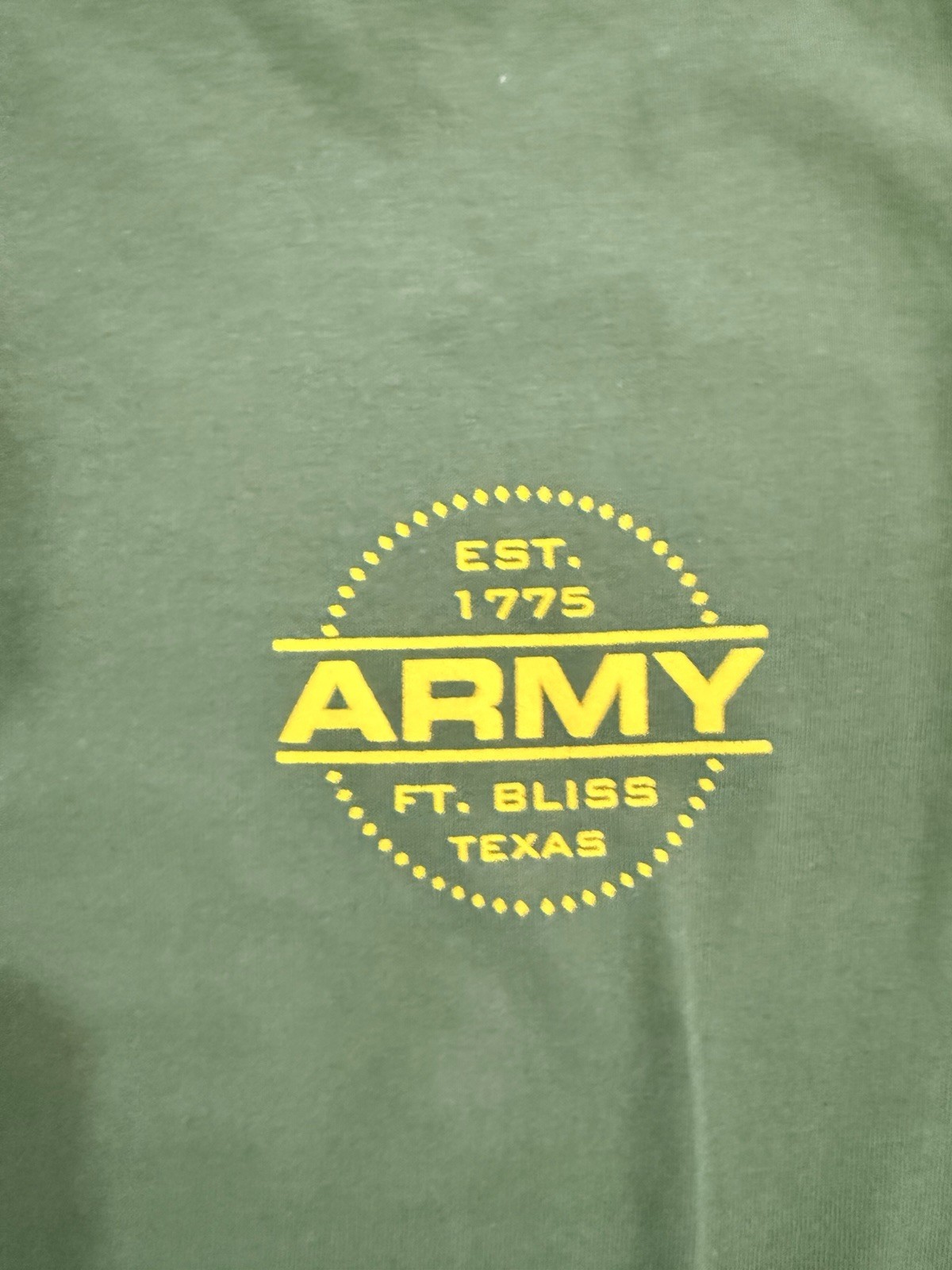 “United States Army Ft Bliss, TX 1775” Double Sided Green T Shirt – Sz XL – NWT