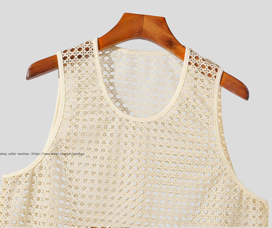 Mens Knitted Crochet Tank Tops Summer Hollow Sleeveless T-shirt Scoop Neck Shirt