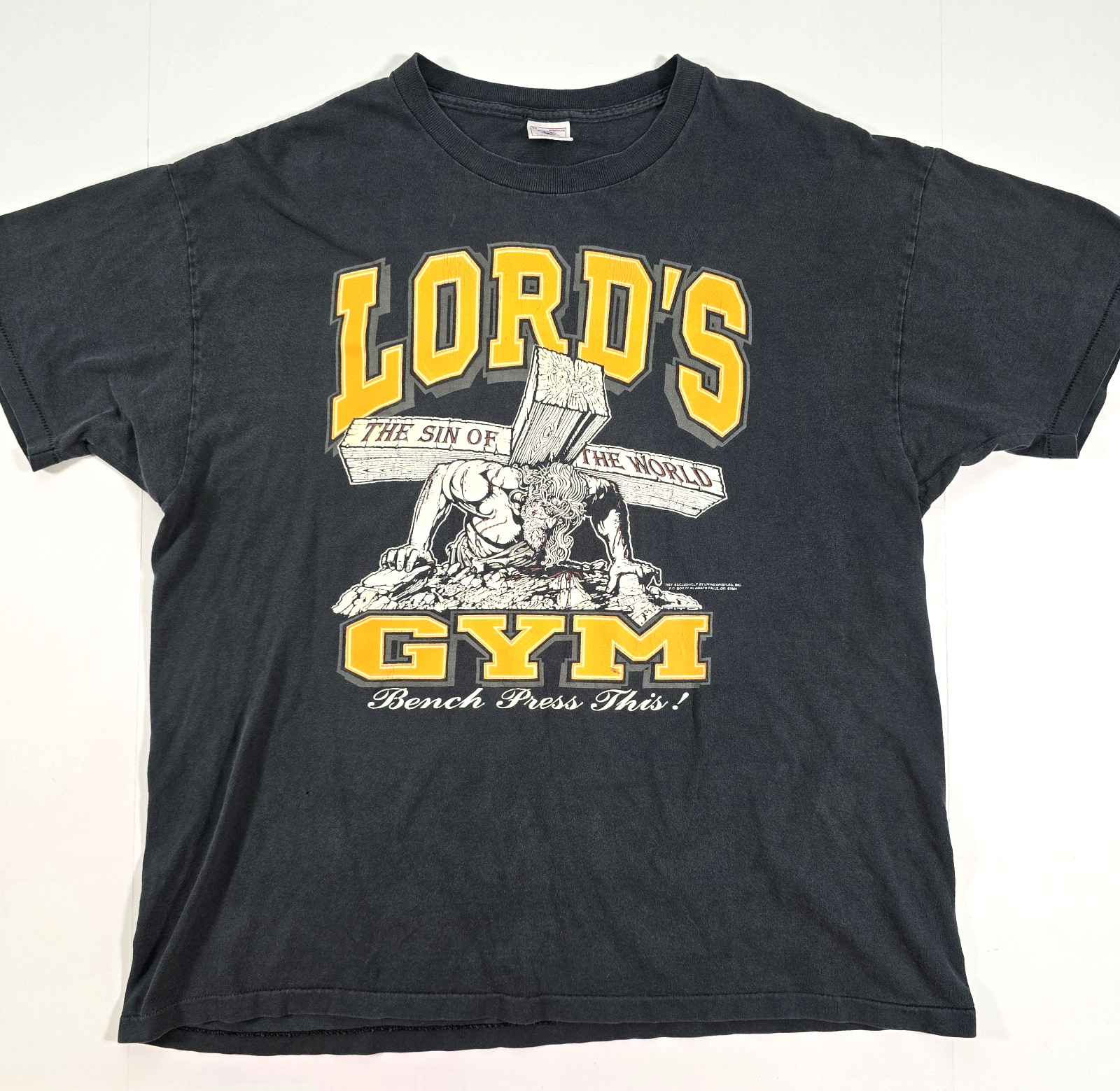 VINTAGE LORD’S GYM T-SHIRT Sz XL SINGLE STITCH DOUBLE SIDED 90s CHRIST JESUS USA