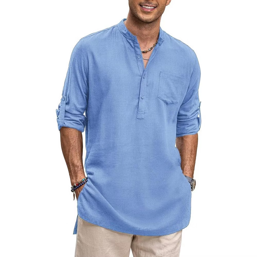 COOFANDY Men Linen Henley Shirts Long Sleeve Collarless T-Shirts Longline