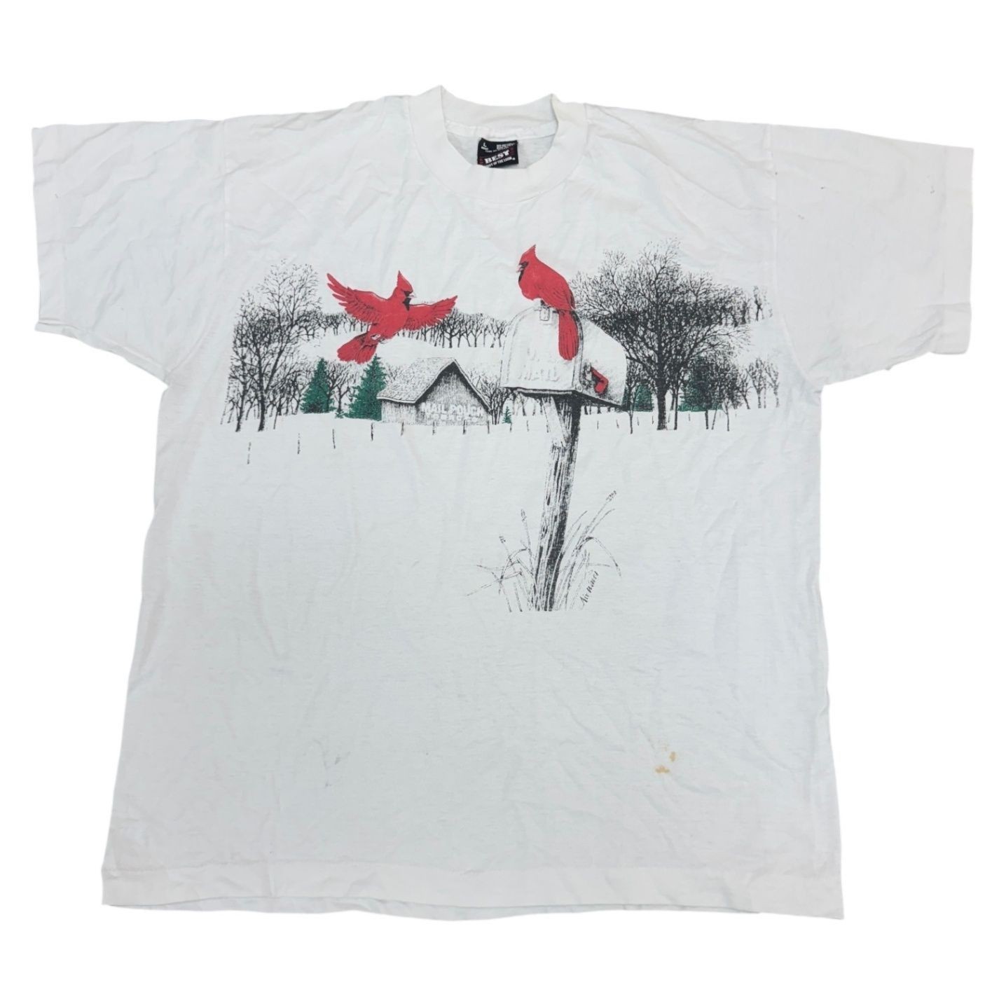 Vintage Post Box Graphic T-shirt Christmas Red Cardinal Birds USA Mens Large