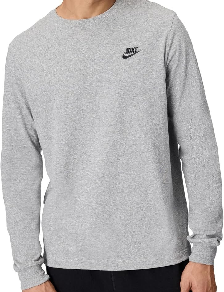 Nike Men’s Sportswear Club Long-Sleeve T-Shirt- Dark Grey Heather- Size Medium