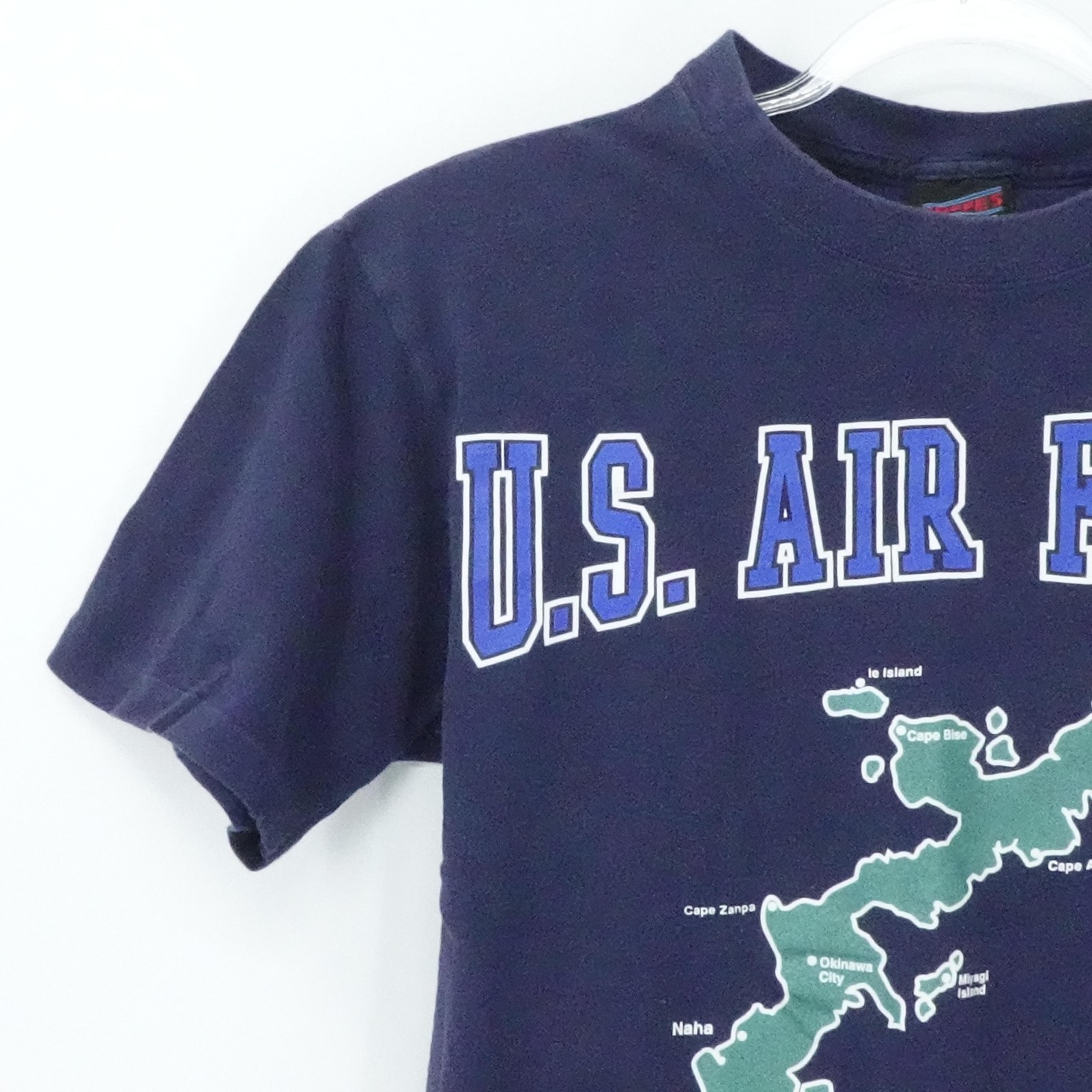 Vintage U.S. Air Force Shirt Mens Medium Navy Okinawa Map Graphic Made USA 90s