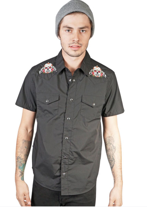 RUDE MENS BUTTON UP BLACK SUGAR SKULL SHIRT